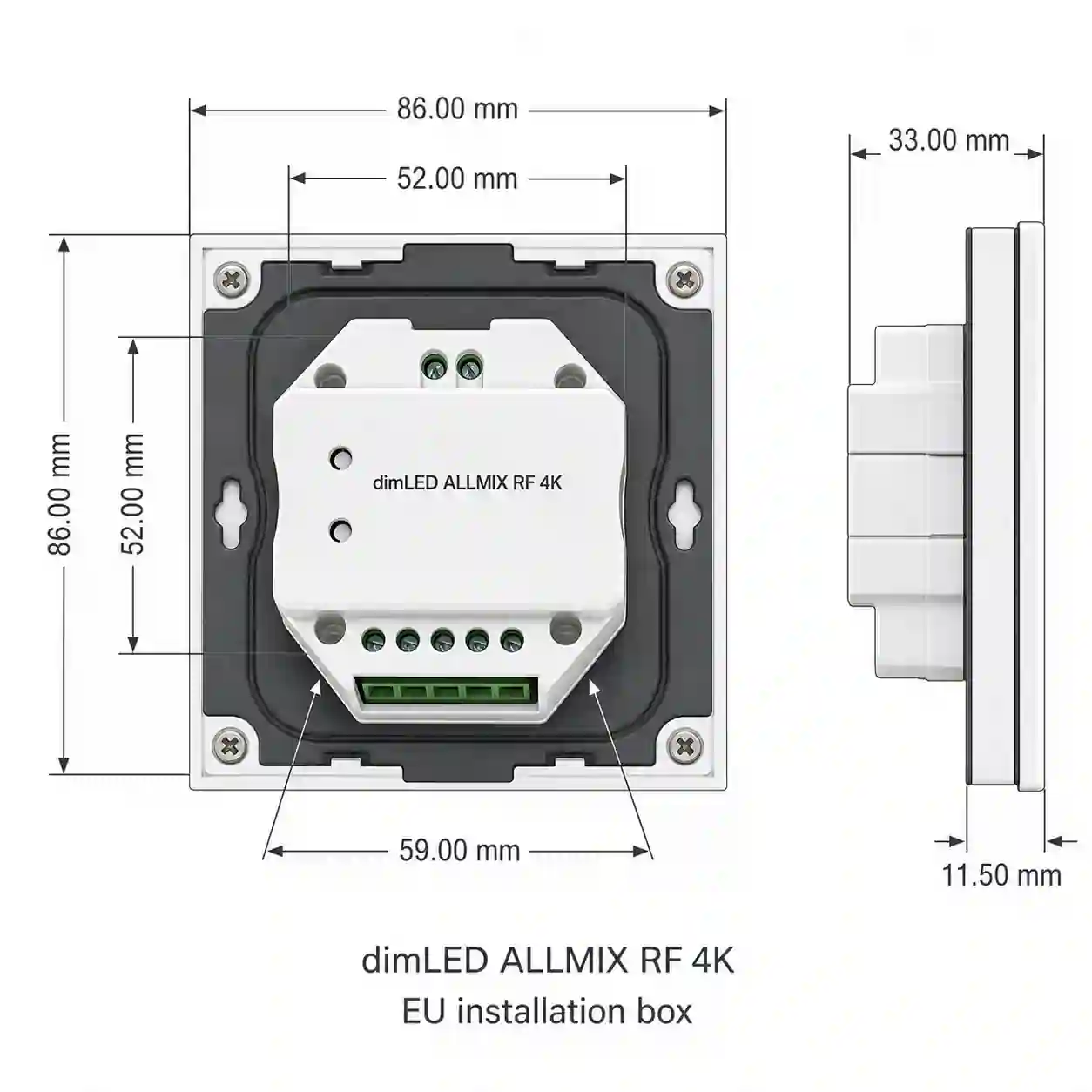 Rozměry ovladače dimLED ALLMIX RF 4K 86x86x33mm pro EU instalační krabici